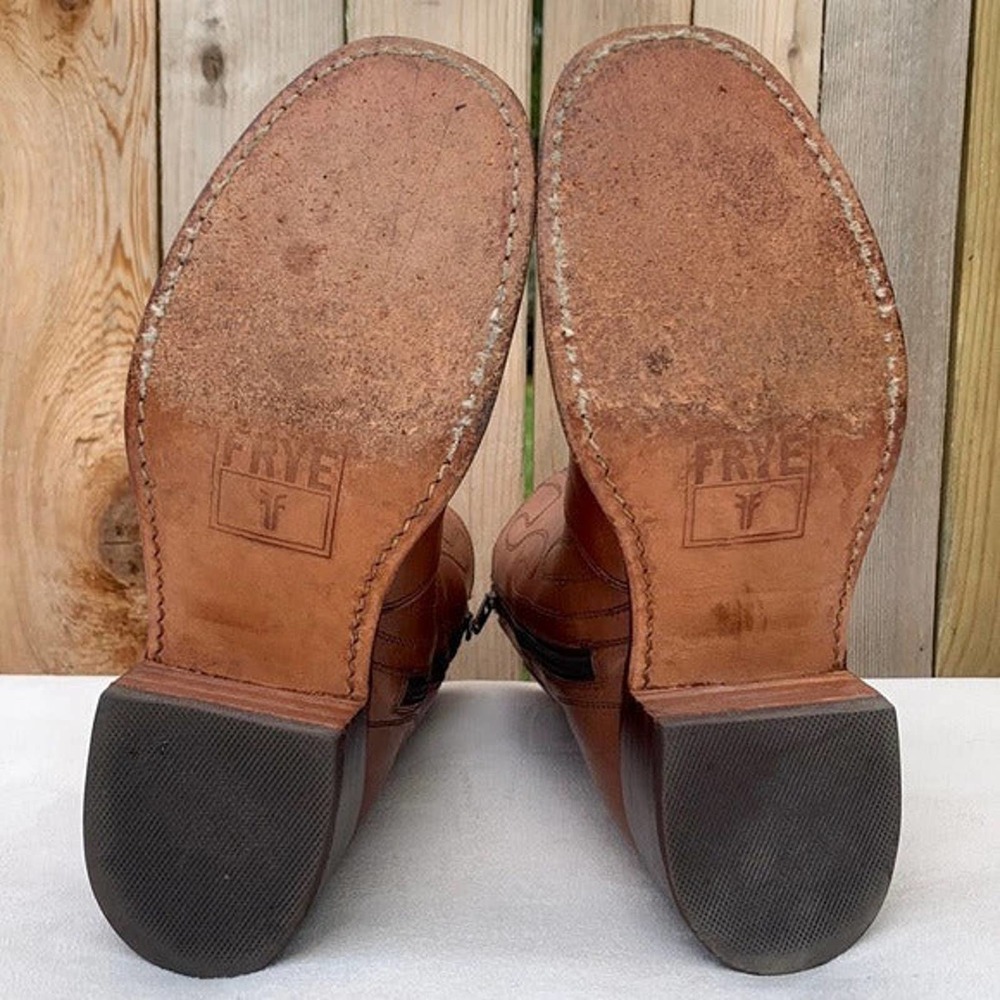 SOLD FRYE Vintage Campus Swirl Tan Brown Leather Short Zip Ankle Bootie Boots 8 - Picture 6 of 7